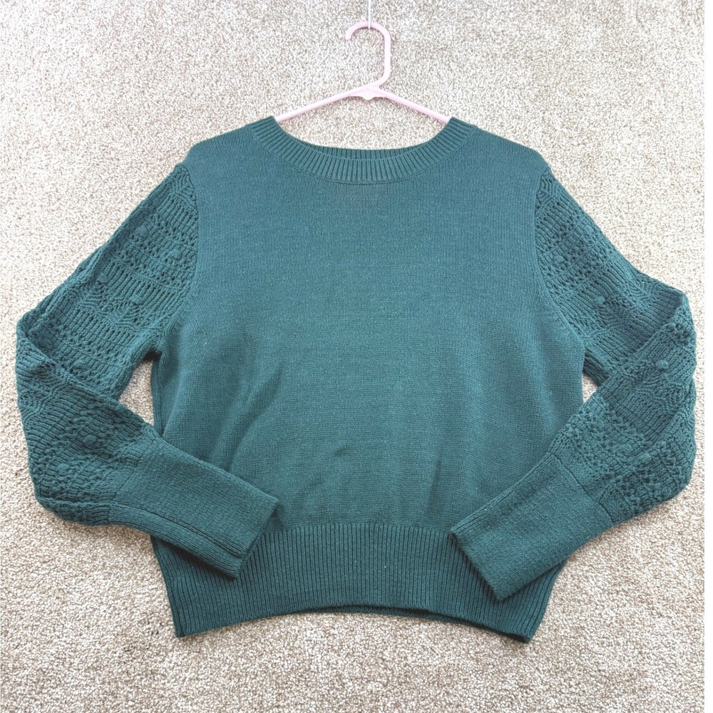 Evereve Womens Dark Green Pointelle Sleeve Bobble Knit‎ Crewneck Sweater M Chic